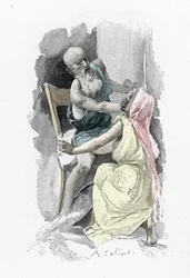 Odyssee von Homer: Gesang 19 „Odysseus, verkleidet als Bettler, schwört Eurykleia, die ihn erkannt hat, zur Geheimhaltung“ Illustration von Antoine Calbet