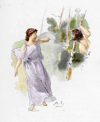 Odyssee von Homer: Nausikaa, Tochter von König Alkinoos, sieht Odysseus nackt und hungrig und bittet sie um Hilfe. Illustration