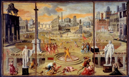 Die Massaker des Triumvirats: Dies ist das Massaker an der republikanischen Opposition, das 43 v. Chr. in Rom durch das Triumvirat von Octavius Caesar (Augustus), Antonius und Lepidus stattfand. 1566. 1,16 x 1,95 m. Paris. L
