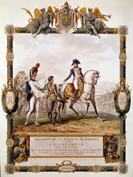 Frontispiz des Berichts über die Schlacht von Marengo am 14. Juni 1800: Marschall Berthier zeigt Napoleon I. die Schlachtstrategie