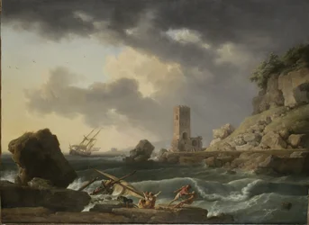 Felsige Küstenlandschaft mit Schiffswrack, 1746