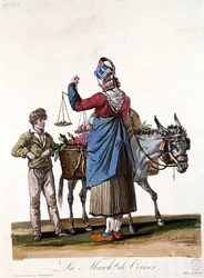 Der Kirschverkäufer, graviert von Philibert Louis Debucourt (1755-1832)