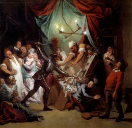 Don Quijote zerstört die Puppen, die er für Mauren hält. „Der sinnreiche Junker Don Quijote von der Mancha“ von Miguel de Cervantes Saavedra (1547-1616). Gemälde von Charles Antoine Coypel (1694-1752)