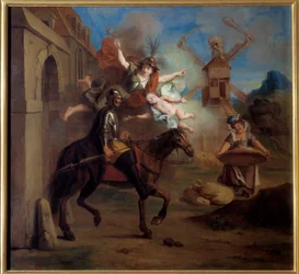 Don Quijote, getrieben von Wahnsinn, verlässt sein Haus, um ein wandernder Ritter zu werden. „Der sinnreiche Junker Don Quijote von der Mancha“ von Miguel de Cervantes Saavedra (1547-1616). Gemälde von Charles Antoine Coypel (1694-1752), um 1716