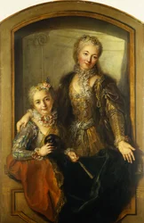 Porträt von Madame Dupille und ihrer Tochter, halbfigur, in Ballkleidern in einem Fenster, 1733