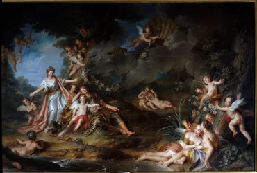 Die bezaubernde Armide, die Renaud erstechen will, wird der Liebe nachgeben (auch genannt Der Schlaf von Renaud). Illustration einer Szene aus Das befreite Jerusalem (La gerusalemme liberata) von Torquato Tasso