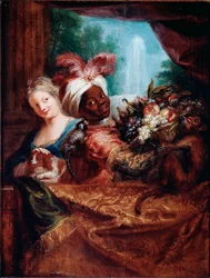 Junges Mädchen streichelt einen Hund und ein schwarzer Diener präsentiert einen Korb mit Früchten. Ein kleiner Affe liegt auf ihrer Schulter. Gemälde von Antoine Coypel (1661-1722)