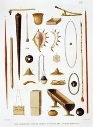 Haushaltsutensilien und Waffen von den Marianeninseln, aus Voyage autour du Monde (1817-20), von Louis Claude Desaulses de Freycinet, graviert von Jean Louis Denis Coutant, veröffentlicht 1824