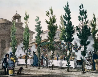 Lebensmittelfritteusen am Pantheon während des Festes von St. Joseph, Gravur von Antoine Jean-Baptiste Thomas (1791-1834) aus Ein Jahr in Rom und Umgebung, Frankreich