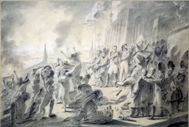 Brand von Moskau am 15.09.1812. Der Gouverneur der Stadt, Graf Rostopchina, verbrannte die Stadt, als Napoleon I. ankam. Zeichnung in brauner Tinte, Waschung, Feder, Bleistift und Gouache von Antoine Jean Gros (1771-1835) 1812