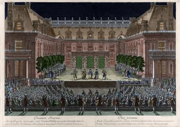 Darstellung im Marmorhof des Schlosses von Versailles, „Alceste“ von Jean Baptiste Lully (Giovanni Battista Lulli) (1632-1687) für die Feierlichkeiten anlässlich der Eroberung der Franche-Comté (1674). Gravur von Le Pautre
