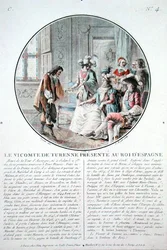 Der Viscount von Turenne wird König Philipp IV. von Spanien vorgestellt, graviert von L. Roger