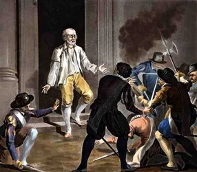 Der Tod von Gaspard de Coligny, gestochen von Jean Baptiste Morret (fl.1790-1820) 1788