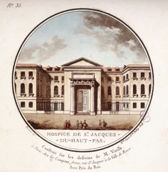 Hospiz Saint Jacques Du Haut Pas, gebaut nach den Zeichnungen von Vieilb, heute Cochin-Krankenhaus, Paris. In pittoresken Ansichten der Hauptgebäude von Paris von Sergeant