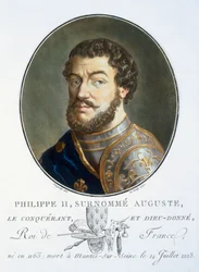 Philipp II. August, aus Portraits des grands hommes, femmes illustres, et sujets mémorables de France, graviert und in Farben gedruckt, veröffentlicht von Pierre Blin, 1786-92, Paris