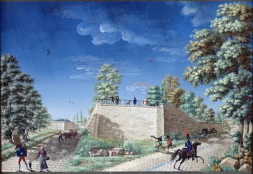 Blick auf eine Terrasse am Stadtrand von Paris, ca. 1810