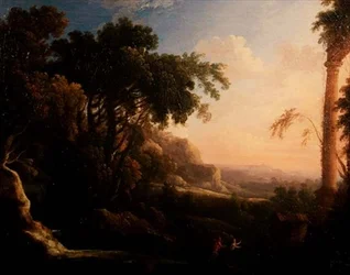 Pan und Syrinx in einer arkadischen Landschaft