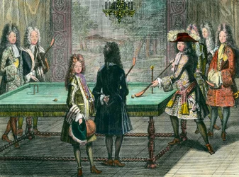 Königliches Vergnügen in Versailles: König Ludwig XIV. (1638-1715) spielt Billard mit Philippe, Herzog von Orléans (1640-1701), genannt Monsieur, dem Grafen von Toulouse, dem Herzog von Vendôme, Monsieur d