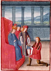 Der Autor überreicht dem König von Frankreich, Karl VIII. (1470-1498), sein Buch. Miniatur aus den „Chroniken Frankreichs“, illustriert von Antoine Vérard (1450-1519). Biblioteca Nazionale, Turin