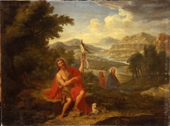 Johannes der Täufer in der Wildnis, zeigt auf Christus, der Fluss Jordan im Hintergrund, 1759
