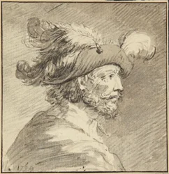 Profil eines Mannes mit Federhut