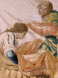 Flandrischer Wandteppich. Serie Geschichte des Theseus. Bacchus nimmt Ariadne zur Frau. Neunter Wandteppich in der Serie. Modell Anthonis Sallaert. Herstellung Jan Raes der Jüngere, Brüssel. Ca. 1630.