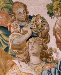 Flämischer Wandteppich. Serie Geschichte des Theseus. Bacchus nimmt Ariadne zur Frau. Neunter Wandteppich der Serie. Modell Anthonis Sallaert. Herstellung Jan Raes der Jüngere, Brüssel. Ca 1630. Stoff Seide und Wolle. Größe 392 x 45
