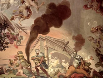 Der Triumph des Friedens über den Krieg, Detail von Soldaten, die einen Tempel plündern, von der Decke des Hauptsaals