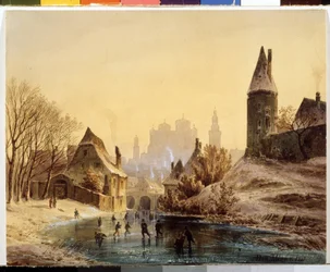 Eislaufbahn auf einem Fluss, Aquarell von Anton Doll (1826-1887) 1855, Puschkin-Museum, Moskau