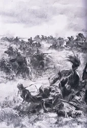 Niederlage der 14. russischen Kavalleriebrigade bei Praszysz, aus Die illustrierte Geschichte des Weltkriegs 1914-1915, veröffentlicht von Union Berlagsefellfchaft