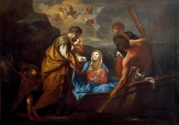 Die Flucht nach Ägypten. Die heilige Familie besteigt ein Boot. Gemälde von Anton Maria Piola (1654-1715)