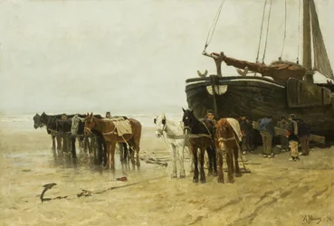 Bomschuit mit Schlepppferden am Strand von Scheveningen