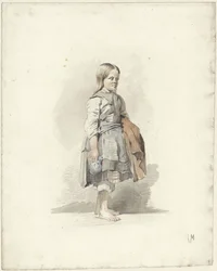 Stehendes Mädchen mit Krug und Mantel unter dem Arm