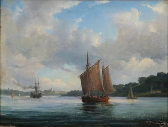 Fjord-Szene mit Fischerbooten und einem Raddampfer