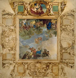 Apollo und Athena belohnen Talente und Minerva flankiert von Karyatiden und Medaillons, die Mars, Venus, Herkules und Kybele darstellen