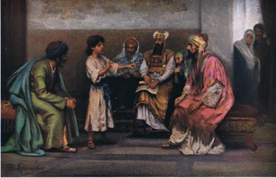 Christus mit den Gelehrten im Tempel, aus Hulberts Geschichte der Bibel, veröffentlicht von The John Winston Company, 1932
