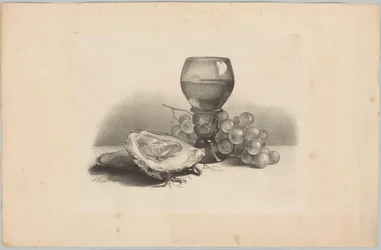 Stillleben mit Glas, Austern und Trauben