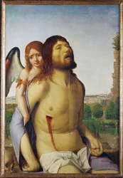 Der tote Christus von einem Engel gestützt
