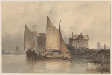 Flussansicht mit einem Segelschiff