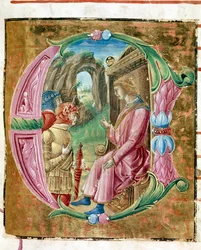 Herodes I. der Große befiehlt das Massaker an unschuldigen Lettrinen, illuminiert von Antonio Cicognari. Detail eines Antiphonars. 1483. Cremone, choral 4, capitolo del duomo