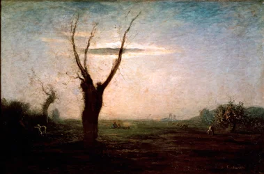 April Landschaft des späten Winters mit einem Baum ohne Blätter