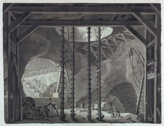 Bühnenbild, Männer bauen Gebäude in einer Höhle