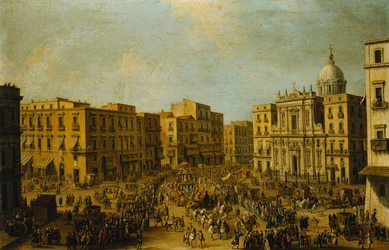 Der Largo San Ferdinando, Neapel, zur Karnevalszeit mit der königlichen Kutsche, die sich dem Palazzo Reale nähert