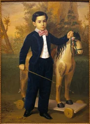 Porträt eines kleinen Jungen mit einem Holzpferd. Gemälde von Antonio Maria Esquivel, 1851. Museum der Schönen Künste in Sevilla, Spanien