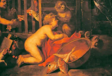 Putti, Affe und Schüssel mit Fischen