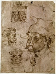Vier Männerköpfe, zwei davon mit drei Gesichtern. Ein Altarbild. Ein Pferd. Zeichnungen aus der Werkstatt von Antonio di Puccio Pisano, genannt Pisanello (1395-1455). Braune Tinte, Feder (Zeichnung), Blut. Dim: 27,1x20,5cm. Louvre, Kabinett der Medaillen