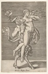 Satyr trägt eine Nymphe, deren rechter Arm um den Hals des Satyrs gewickelt ist, mit einem ..., ca. 1505-1562