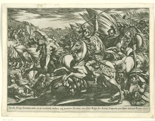 Angriff der Kavallerie mit zwei von Speeren durchbohrten Männern