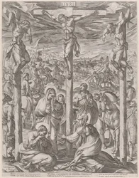 Christus, zwischen den beiden Schächern gekreuzigt, die drei Marien am Fuß des Kreuzes