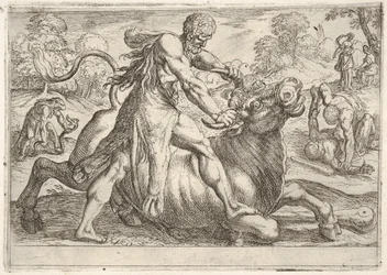 Herkules und Achelous: in der Mitte greift Herkules die Hörner eines Stiers, während er seine rechte Hand drückt..., 1608